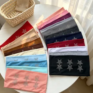 American Street Style Women Fashion Elastic Headband Retro Solid Color Hot Fix Rhinestone Five-Pointed Star Hair Band
