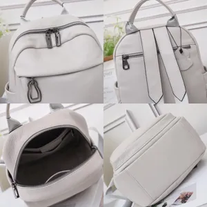 Close-up detail shots of genuine leather backpack showing zippers, straps, and interior pockets.