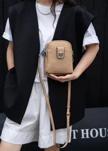 Stylish genuine leather vertical phone bag mini crossbody shoulder bag for women