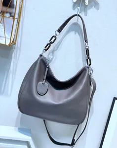 Stylish grey leather hobo shoulder bag with chain strap, large capacity casual crossbody bag.