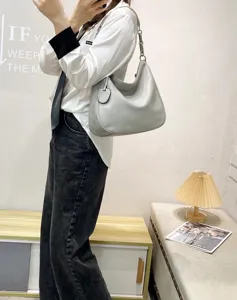 Casual grey leather hobo shoulder bag, large capacity daily crossbody purse for women.