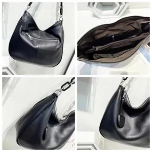 Premium black genuine leather hobo shoulder bag with chain strap and spacious interior.