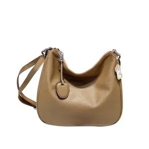 Casual genuine leather shoulder bag for women, large capacity hobo crossbody bag in khaki.