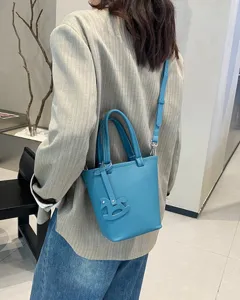 Echtes Leder Eimer Tasche Freizeit Umhängetasche stilvolle Damen Schultertasche blau