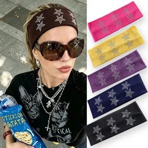 Womens Knitted Wide Headband Hot Fix Rhinestone Star Elastic Anti Slip Hair Band Sweet Cool Y2K Fashion Hair Accessories