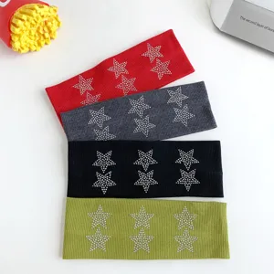 Y2K style knit wide headband with rhinestone star patterns, stretchy and sweet hair accessory.
