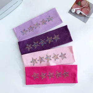 Fascia in maglia a costine con stelle di strass stile dolce cool fascia elastica rosa viola