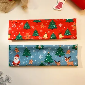 Christmas cartoon printed wide headband with festive Santa and reindeer patterns for party.