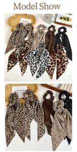 Leopard print hair scrunchies with long ribbons, stylish Korean style hair accessories for women.