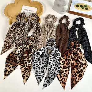 Retro Leopard Print Ribbon Scrunchies Silk Feel Long Tail Hair Bows Elegant Hair Accessories For Women Girls Daily Styling