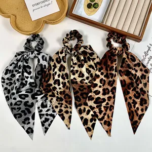 Retro leopard print long ribbon hair scrunchies set chic Korean style ponytail hair accessories