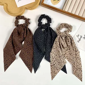 Retro leopard print streamer hair scrunchie chic silk scarf ponytail holder for women