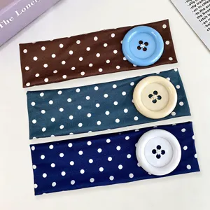 Women Fashion Polka Dot Elastic Headband With Large Button Sweet Daily Hair Accessories Casual Hair Band Headwear