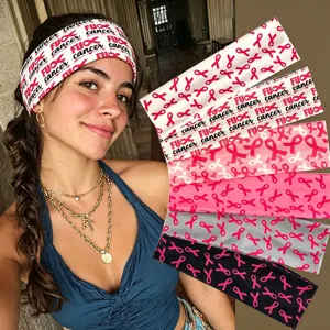 Women Elastic Anti Slip Headband Breast Cancer Awareness Pink Ribbon Print Soft Fabric Hair Band Daily Sports Headwear