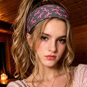 Breast cancer awareness pink ribbon headband elastic athletic anti-slip hair band for women