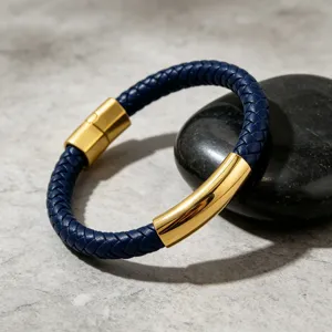 Men's Business Casual Braided Leather Bracelet Stainless Steel Curved Plate Magnetic Clasp Fashion Wristband Jewelry