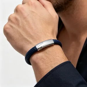 Men royal blue braided leather bracelet titanium steel magnetic clasp casual wrist jewelry