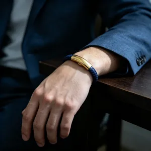 Men's blue braided leather bracelet with gold stainless steel magnetic clasp business style