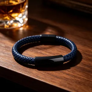 Men's Royal Blue Braided Leather Bracelet with Black Stainless Steel Magnetic Clasp Detail