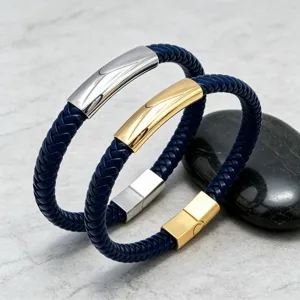 Men's blue braided leather bracelet with titanium steel magnetic clasp and curved plate DIY design.