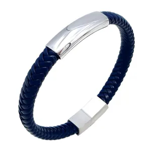 Men blue braided leather bracelet with stainless steel magnetic clasp casual wristband