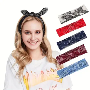 Bandeau pour femme imprimé Paisley avec nœud mignon, détail idéal pour accessoire cheveux.