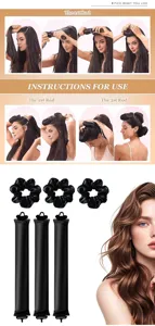 Detail view of heatless curling rod and satin scrunchy set, showing step-by-step hair styling.