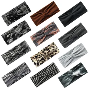 Assorted womens stretch yoga headbands in boho, leopard, and solid colors for daily wear.
