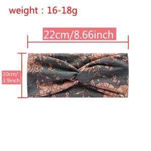 Floral twist headband detail view, soft stretch fabric with elegant botanical print design.