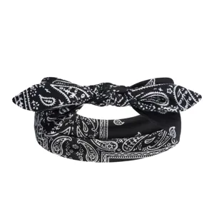 Bandeau élastique à motif cachemire noir et blanc avec joli nœud d'oreilles de lapin.