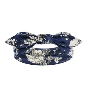 Bandeau floral bleu pour femme, serre-tête élastique avec nœud d'oreilles de lapin mignon.