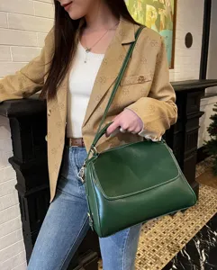 Classic dark green genuine leather Boston bag, retro crossbody and shoulder handbag for women.