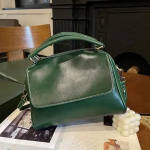 Retro dark green soft leather Boston handbag vintage shoulder bag elegant women casual tote