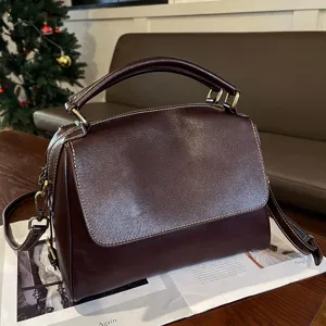 Vintage brown leather Boston bag, retro top handle crossbody shoulder bag for women.