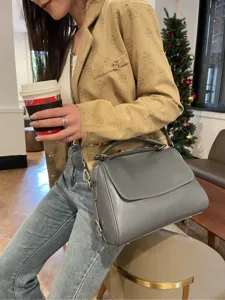 Retro grey leather shoulder bag for women, stylish top-handle Boston crossbody daily purse.