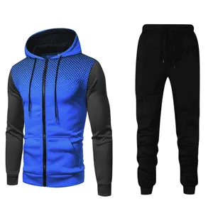Men's casual athletic tracksuit detail showcasing blue gradient hoodie and black pants.