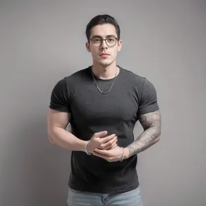Detailed close up view showing the fit and fabric texture of mens dark grey t-shirt.