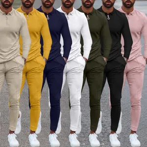 Men's casual long sleeve polo sweatshirt and trousers set in multiple solid colors for autumn.