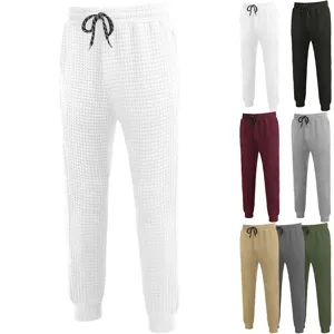 Mens casual trousers waffle textured drawstring elastic waist sweatpants jogger