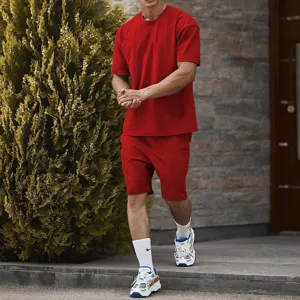 Men casual sportswear set solid red short sleeve t shirt and shorts for men summer breathable