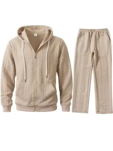 Men cable knit hoodie and sweatpants set casual zip up jacket tracksuit winter wear outfit