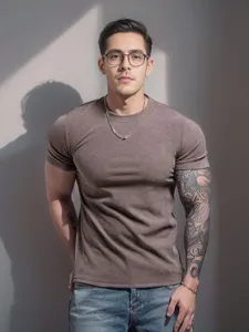 Detailed view of men's thermal ribbed crewneck short sleeve athletic t-shirt in khaki color.
