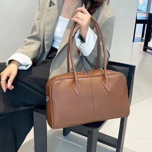 Women's Genuine Leather Tote Bag Large Capacity Retro Shoulder Underarm Bag Solid Color Commuter Handbag