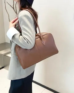 Classic genuine leather large capacity shoulder tote bag for women daily commute brown handbag
