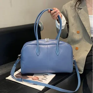 Blue genuine leather top handle shoulder bag for women, classic crossbody tote bag for daily commute.