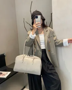 Leather large capacity tote bag minimalist casual daily commute shoulder handbag neutral style