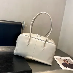 Beige leather shoulder bag, premium soft cowhide tote handbag with top handles and zip.