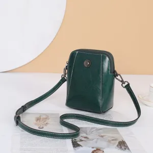 Sac bandoulière en cuir ciré vert foncé, petit sac de téléphone portable pour femmes.