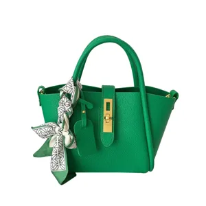 Green genuine leather bucket handbag for women, versatile top handle crossbody bag with scarf.