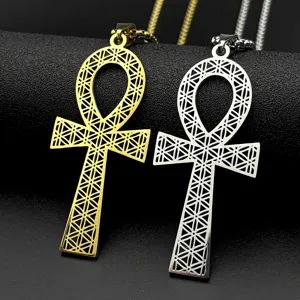 Vintage Stainless Steel Ankh Cross Pendant Necklace For Unisex Retro Hip Hop Flower Of Life Jewelry Gift